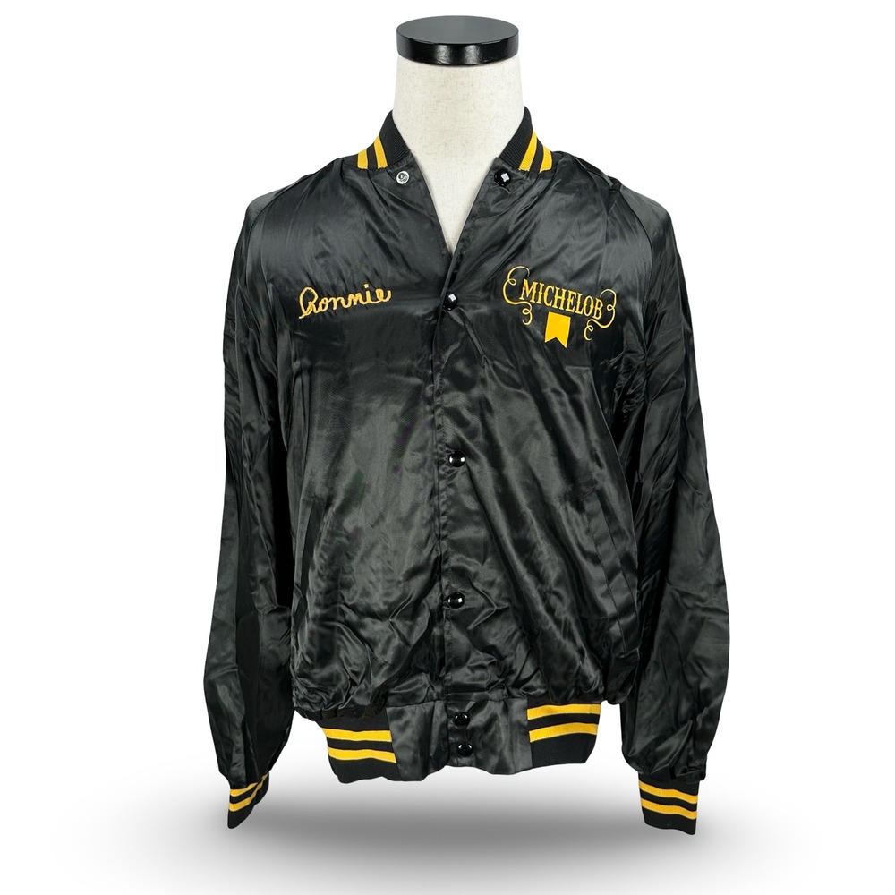 Vintage Michelob Beer Satin Bomber Jacket Black Yellow Embroidered Mens Medium